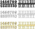 Clock numeral kit with Arabic numbers and Roman numerals in black, white, and gold