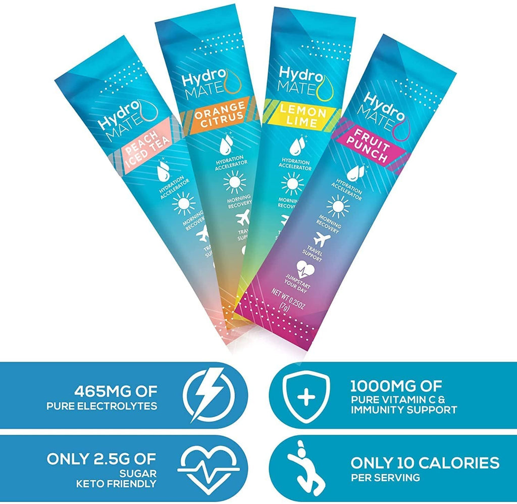 Set of HydroMATE electrolyte variety pack pouches with flavor colors and icon badges