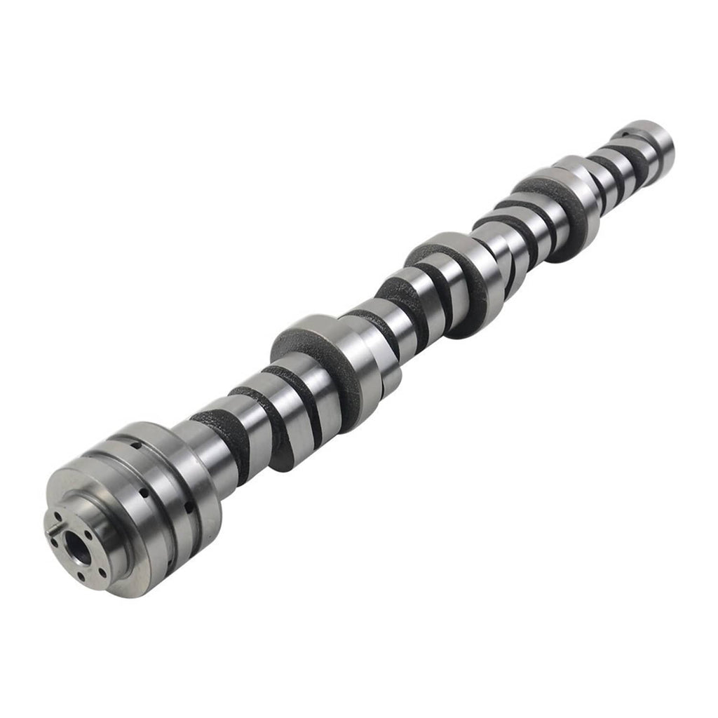 Close-up of a metal camshaft with machined lobes and dark timing ridges
