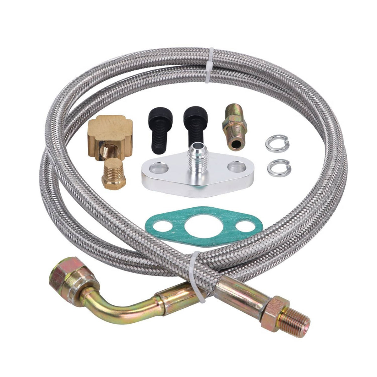 Turbo oil feed line kit with braided hose, fittings, mounting plate, and gaskets