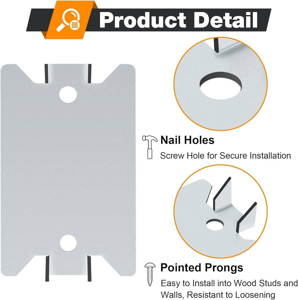 Nail stud guard plate with nail holes, screw hole, and pointed prongs