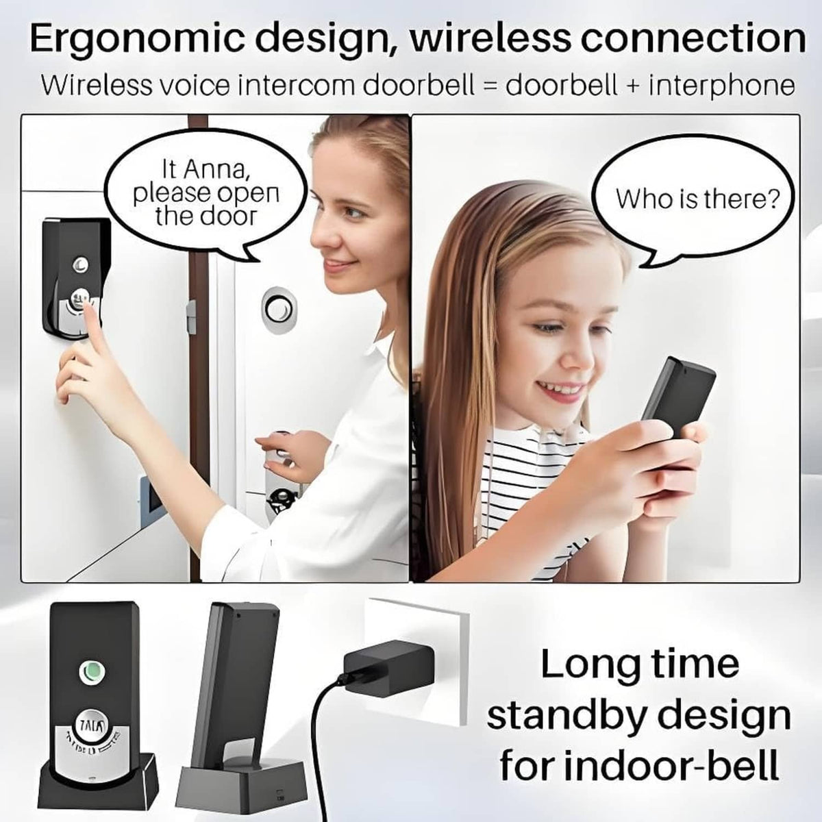 Wireless intercom doorbell set with black outdoor door unit and indoor pager for voice calls