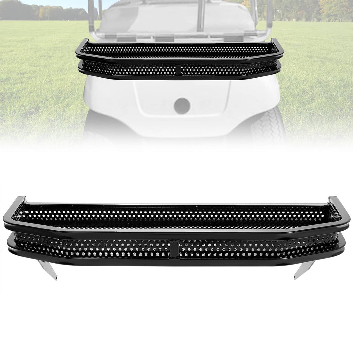 Black perforated front cart basket with extended mounting brackets
