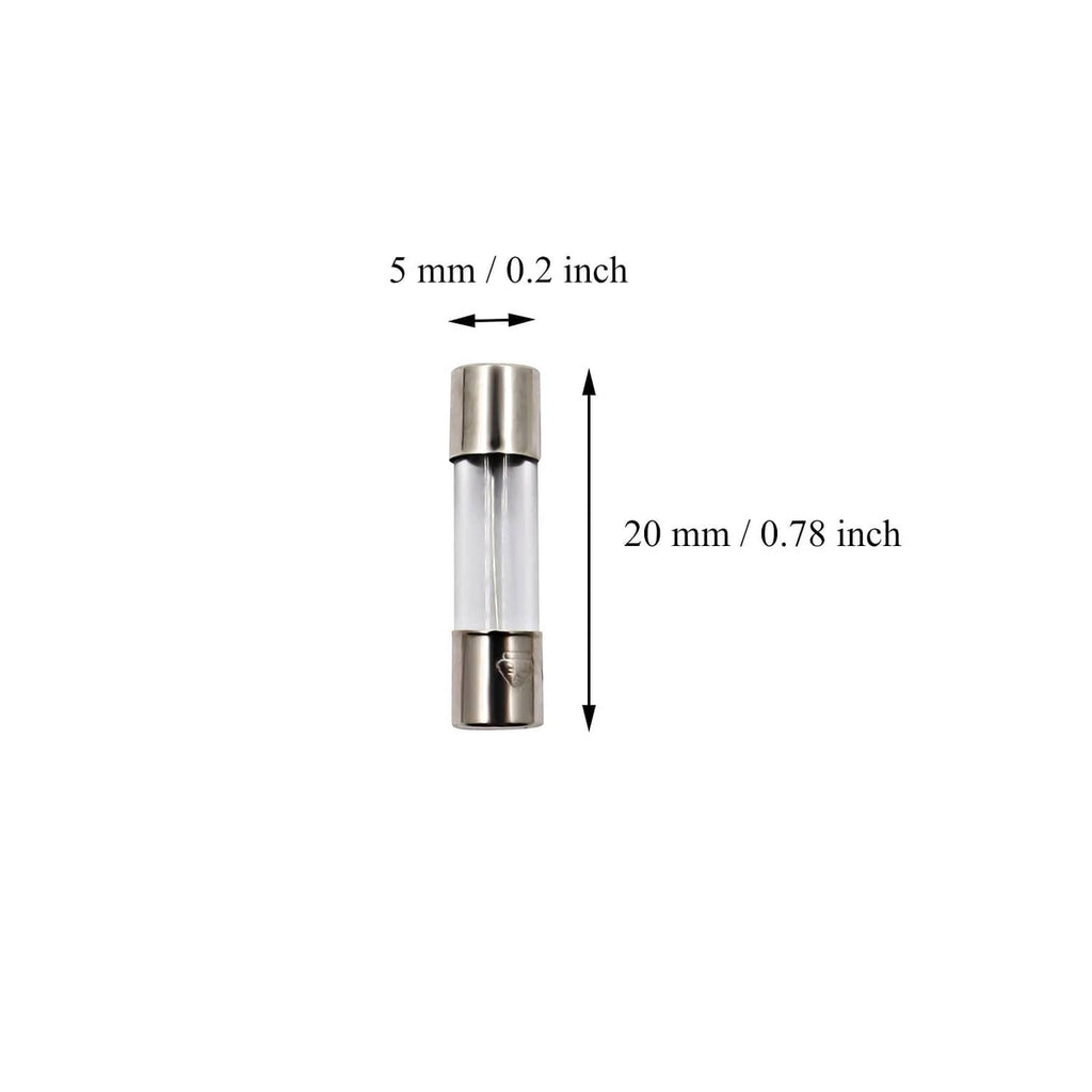Single glass fast-blow fuse with metal end caps and size guide