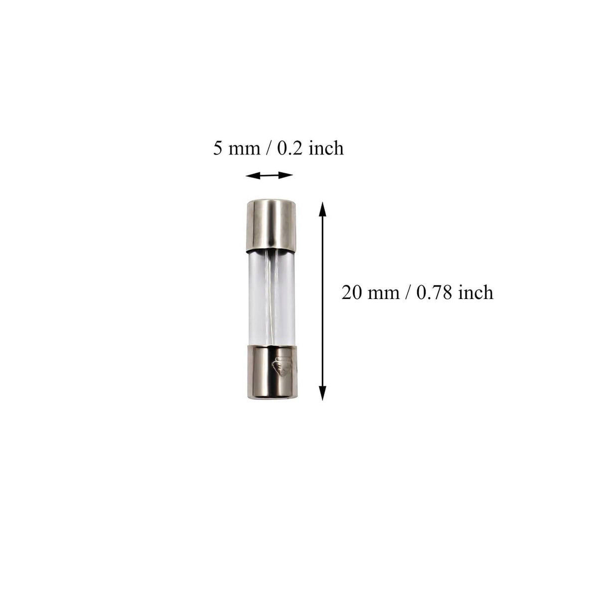 Single glass fast-blow fuse with metal end caps and size guide