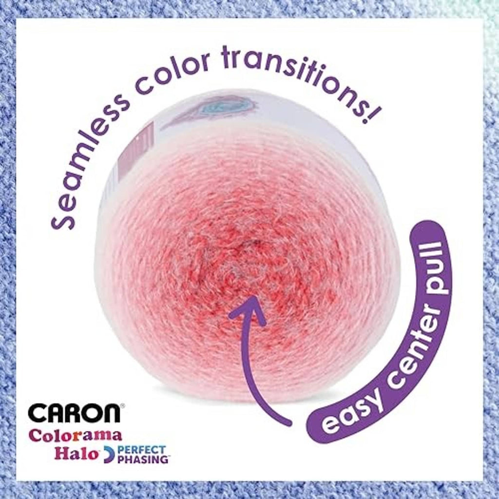 Bulky color-transition yarn ball in pale blue to pink with speckled texture