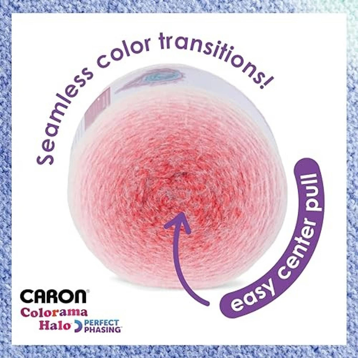 Bulky color-transition yarn ball in pale blue to pink with speckled texture