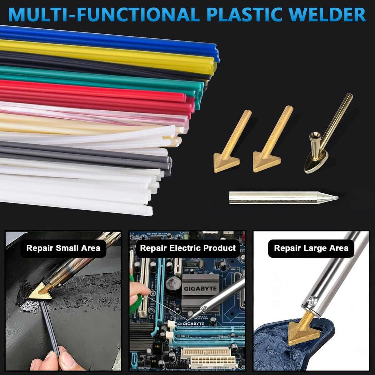 Multi-functional plastic welder with assorted welding rods and metal tips