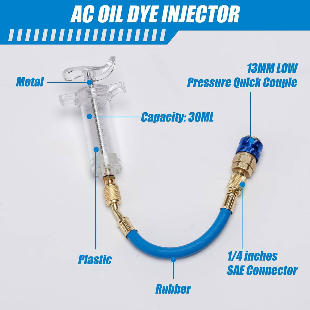 AC oil injector assembly with clear body, blue hose loop, and brass fittings