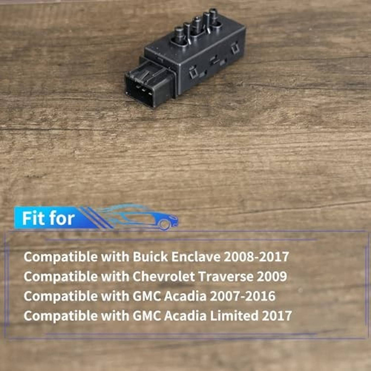 Black power seat switch module on wooden surface with attached electrical connector