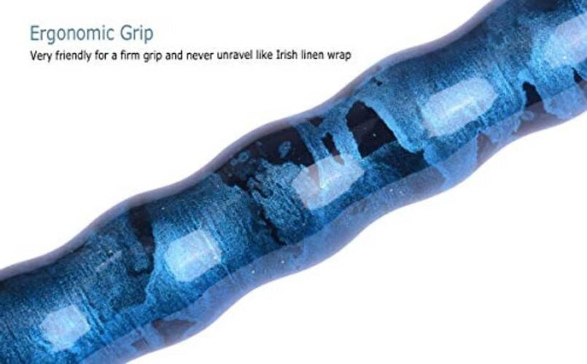 Blue pool cue grip area with ergonomic wrap and patterned barrel texture.