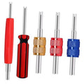 Set of valve core removal tools in red, black, gold, red, and blue colors with metal shafts
