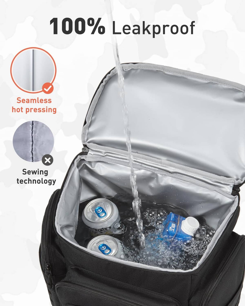 Open black cooler backpack with leakproof insulated lining and water inside main compartment