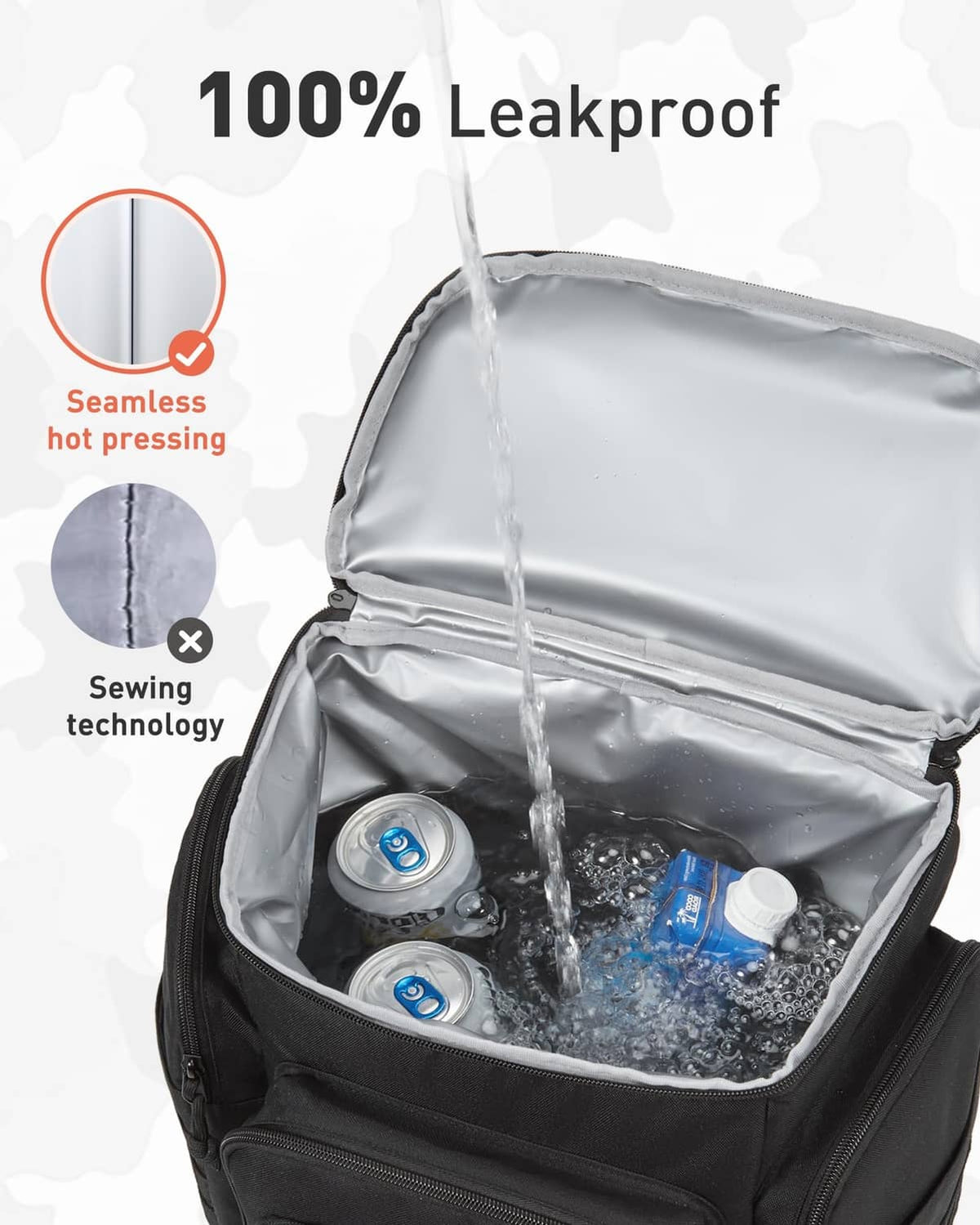Open black cooler backpack with leakproof insulated lining and water inside main compartment