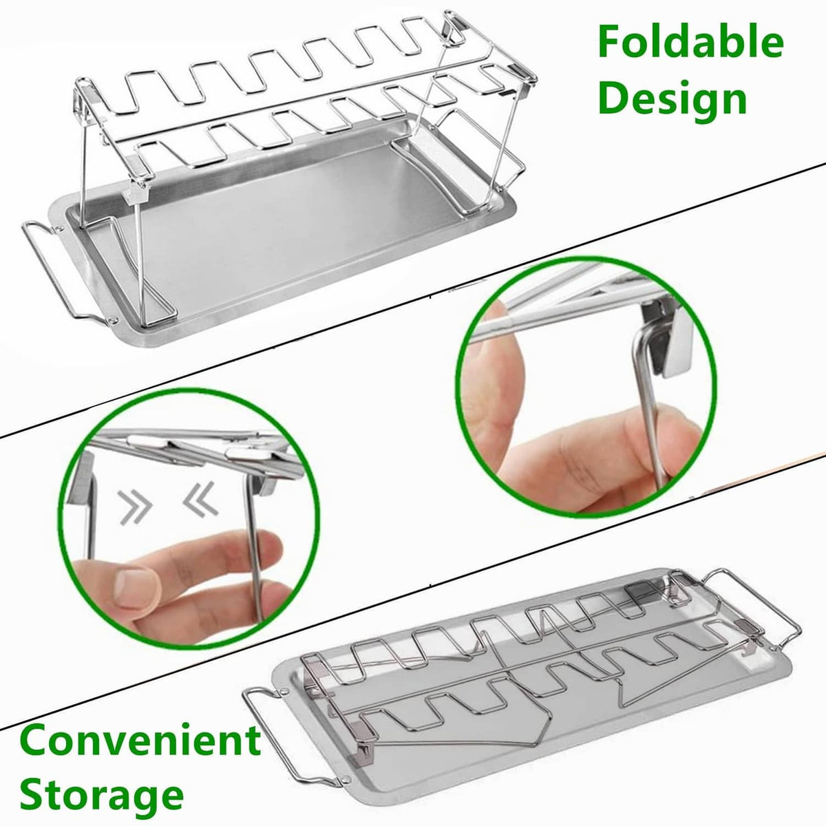Foldable stainless steel chicken leg rack with drip tray and cooking slots