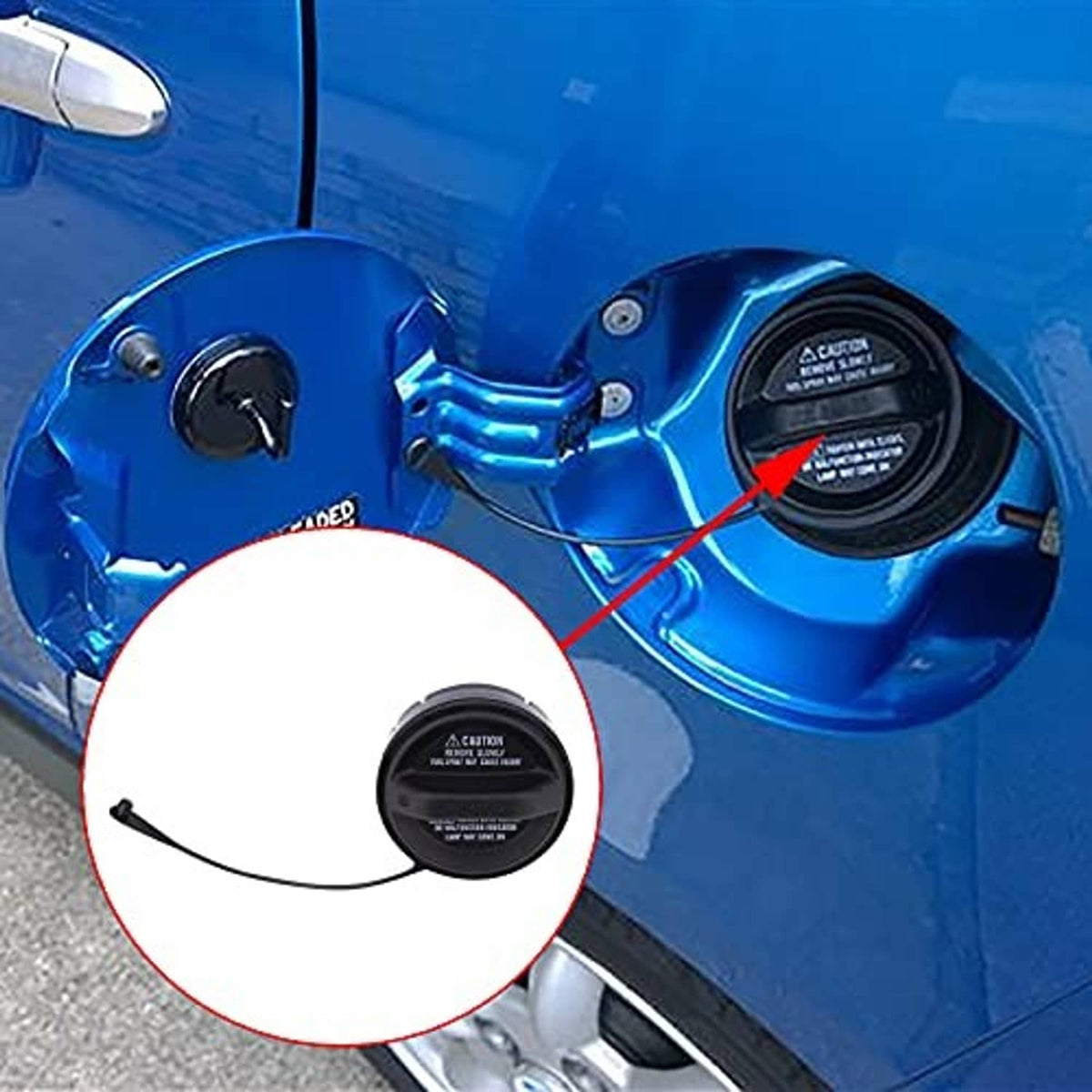 Fuel tank filler cap installed on vehicle body, black with attached hose