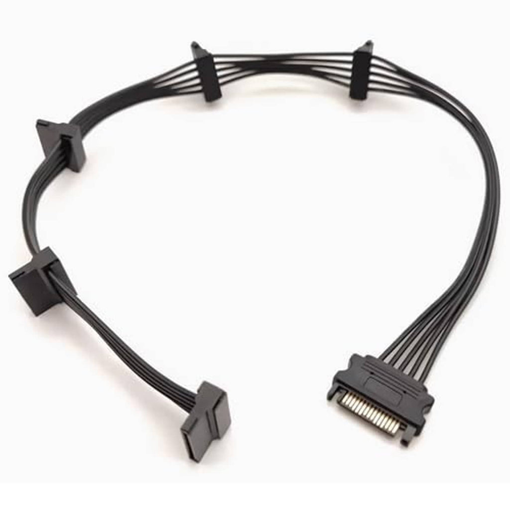 Black SATA power splitter cable showing bundled leads and multiple SATA power plugs