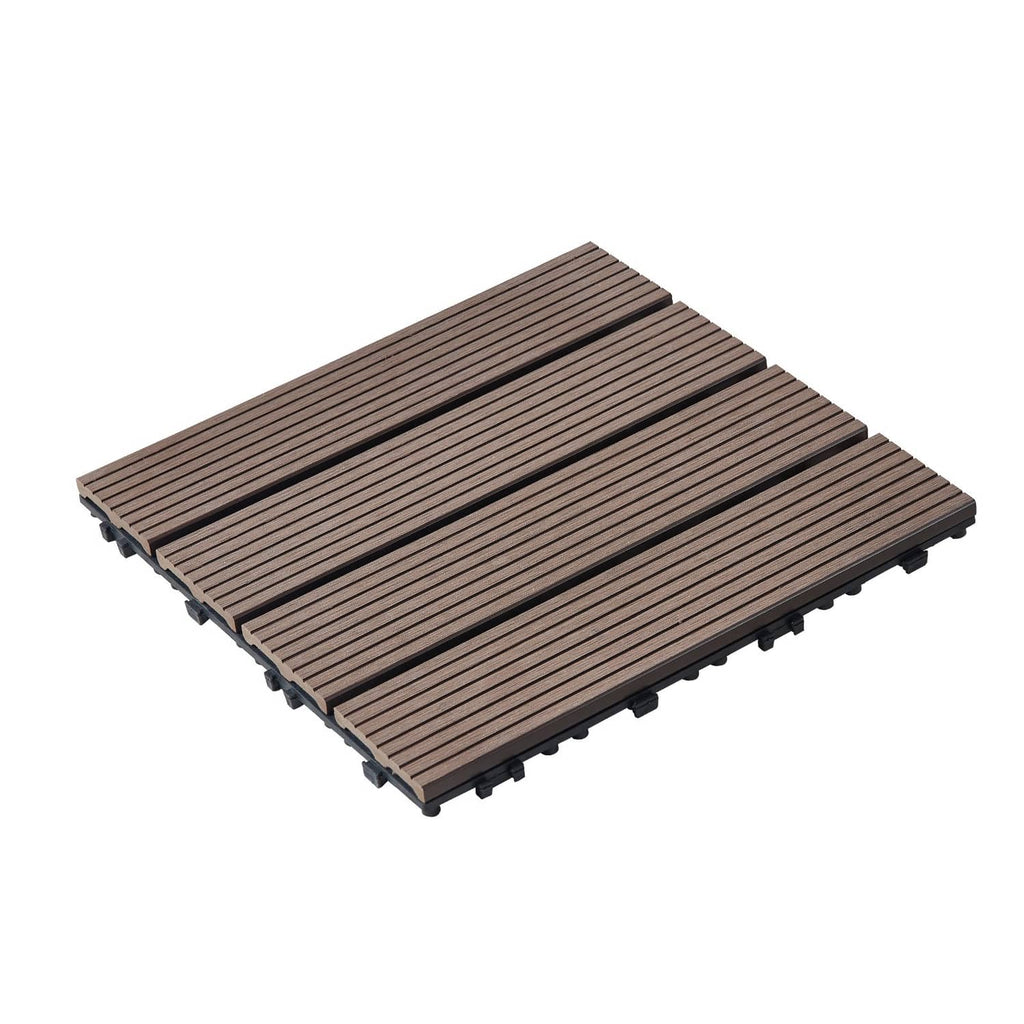 Interlocking deck tiles in dark brown faux-wood plastic, 12x12" waterproof porch panels