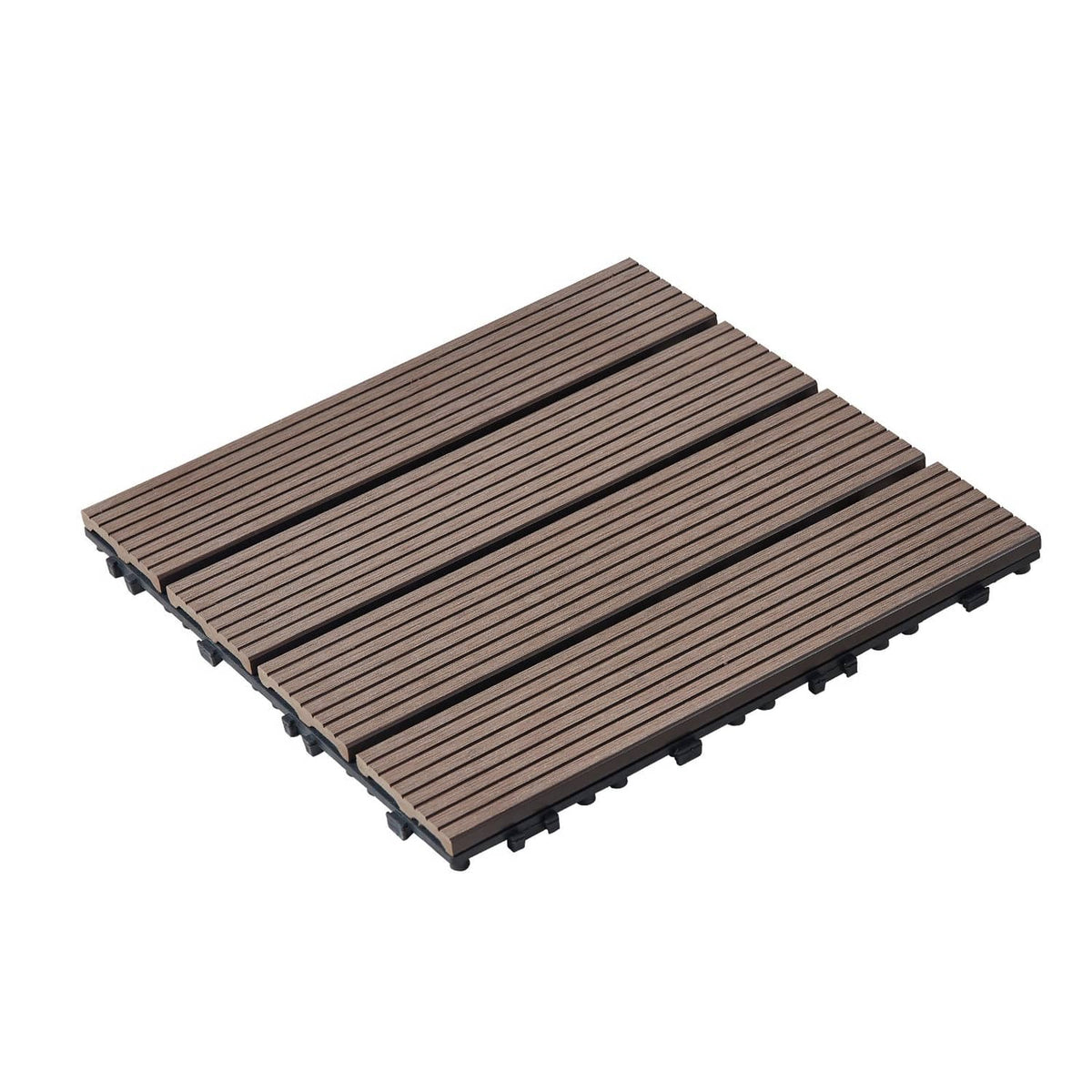 Interlocking deck tiles in dark brown faux-wood plastic, 12x12" waterproof porch panels