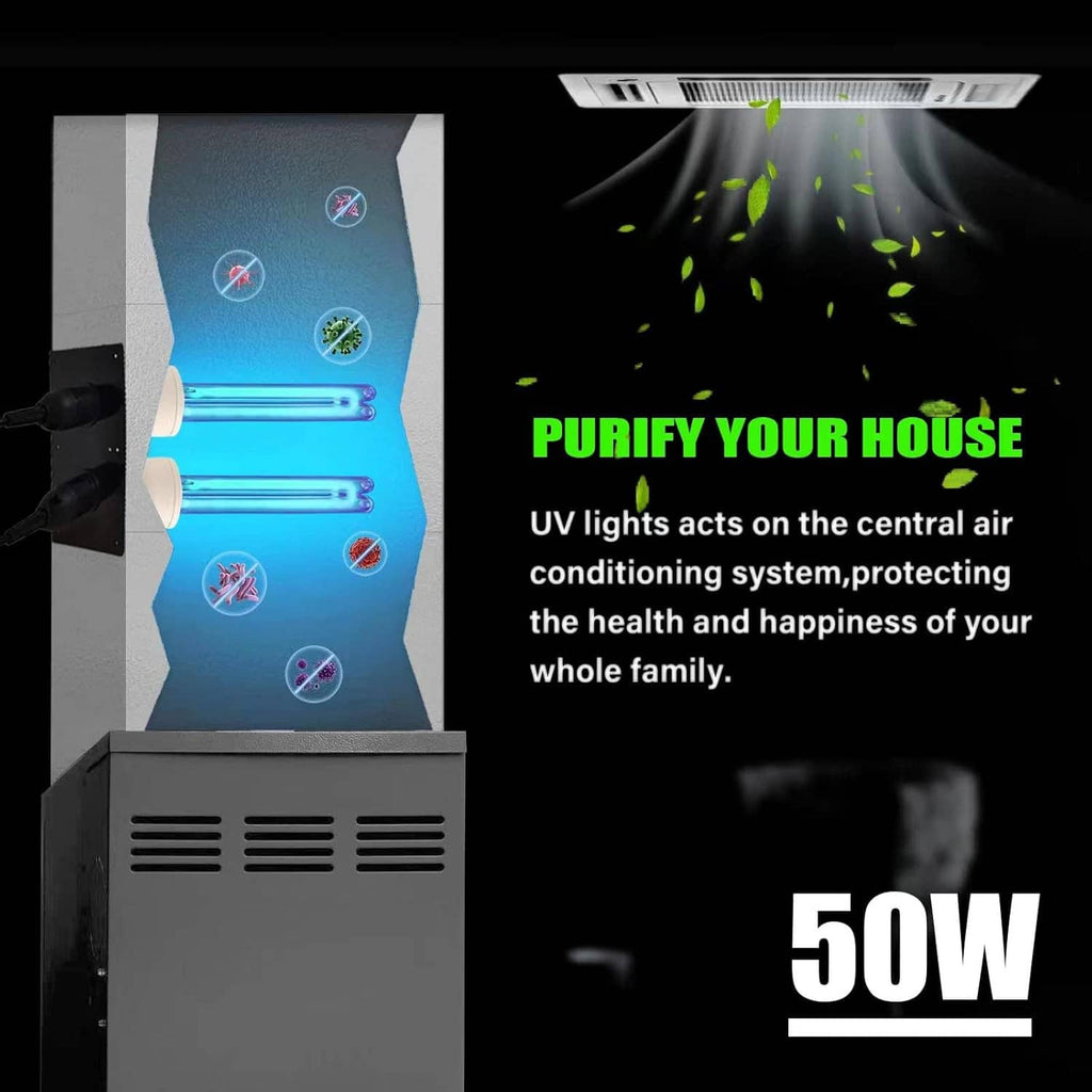 UV duct disinfection unit with two tubes shown producing airflow and particle visuals