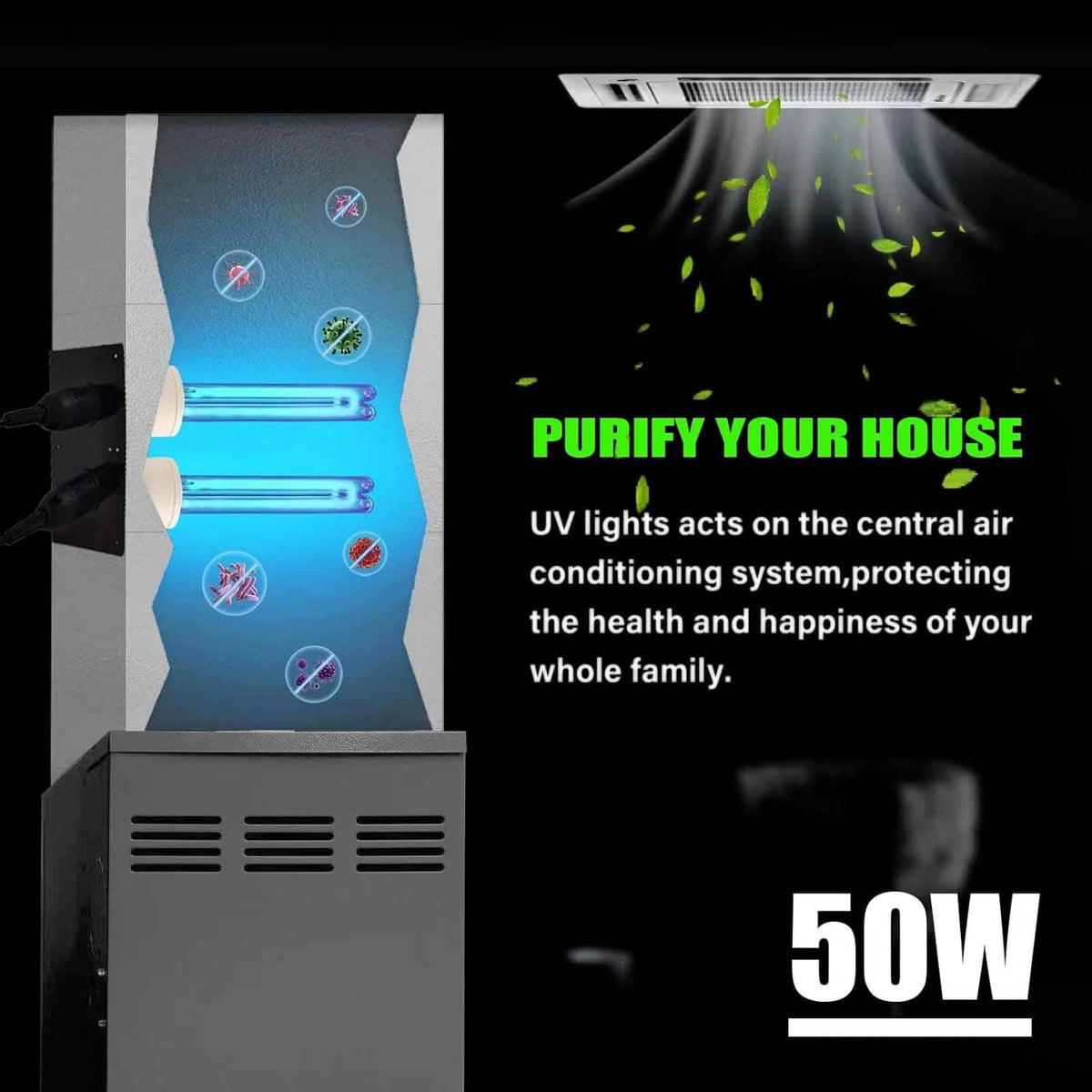 UV duct disinfection unit with two tubes shown producing airflow and particle visuals