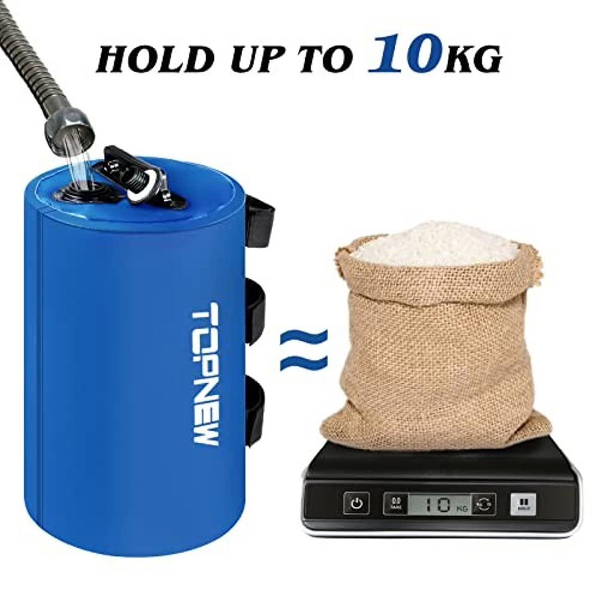 Blue canopy water weight bag with webbing strap and metal hook on top