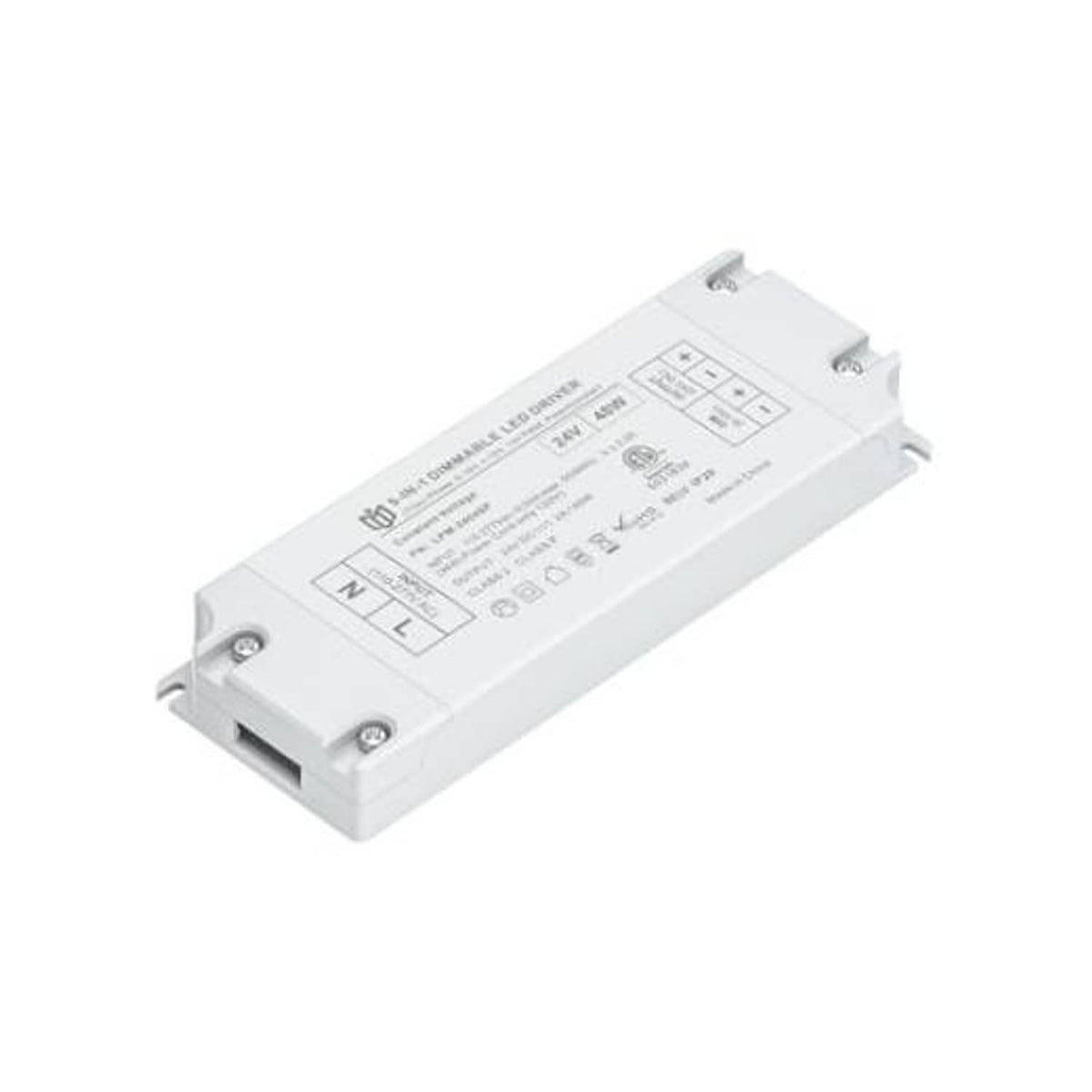 Dimmable 24V LED power supply, white metal case with wiring terminals