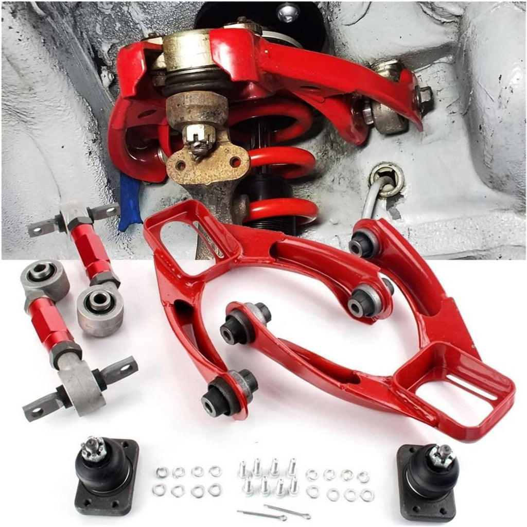 Red suspension control arms kit with bushings, ball joints, and mounting brackets