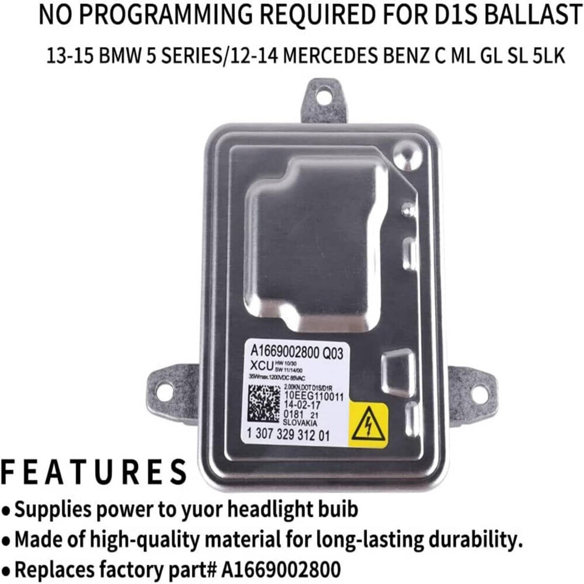 HID headlight ballast unit, square metal module with mounting brackets and yellow triangle