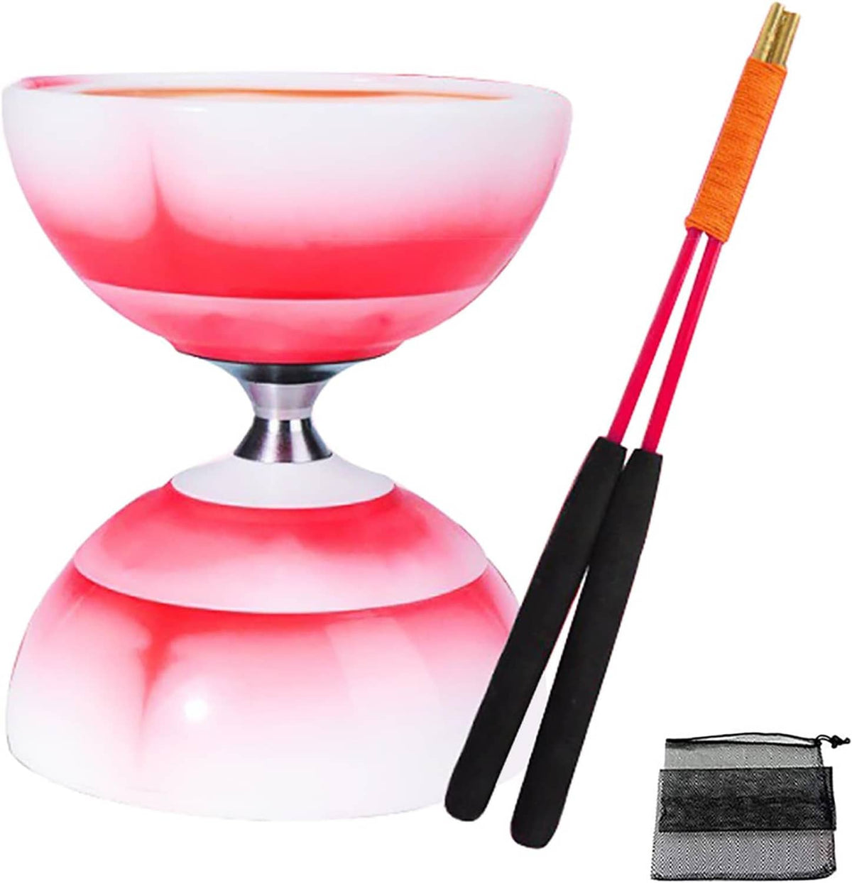 Red and white diabolo juggling toy set with orange-and-black stick and storage pouch