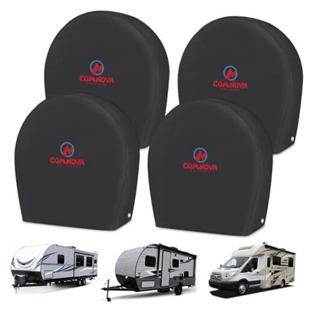 Black RV tire covers, 4-pack size S; rounded half-hood covers with COMNOVA logo