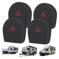 Black RV tire covers, 4-pack size S; rounded half-hood covers with COMNOVA logo