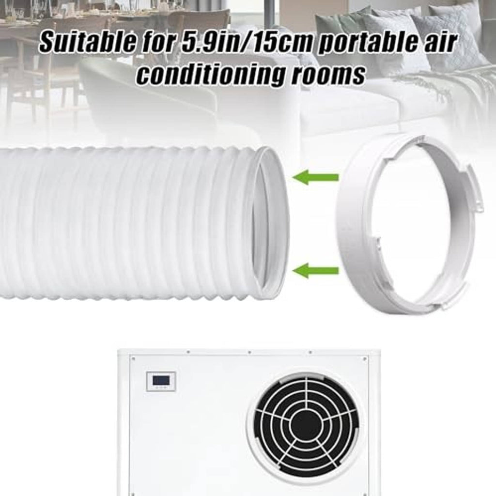 White AC exhaust hose coupler connecting to a ribbed flexible exhaust hose