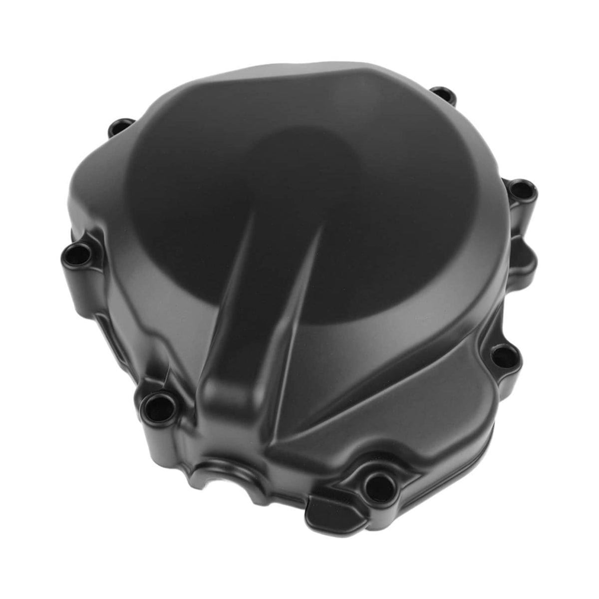 Black left engine stator cover crankcase with embossed center ridge and bolt holes
