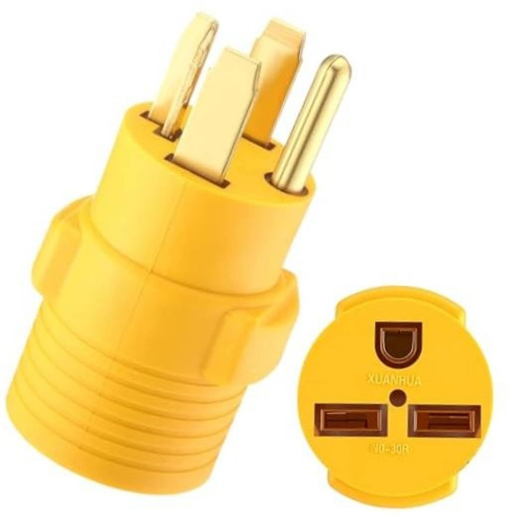 Yellow 30A dryer-to-welder adapter with three-prong NEMA plug and mating connector