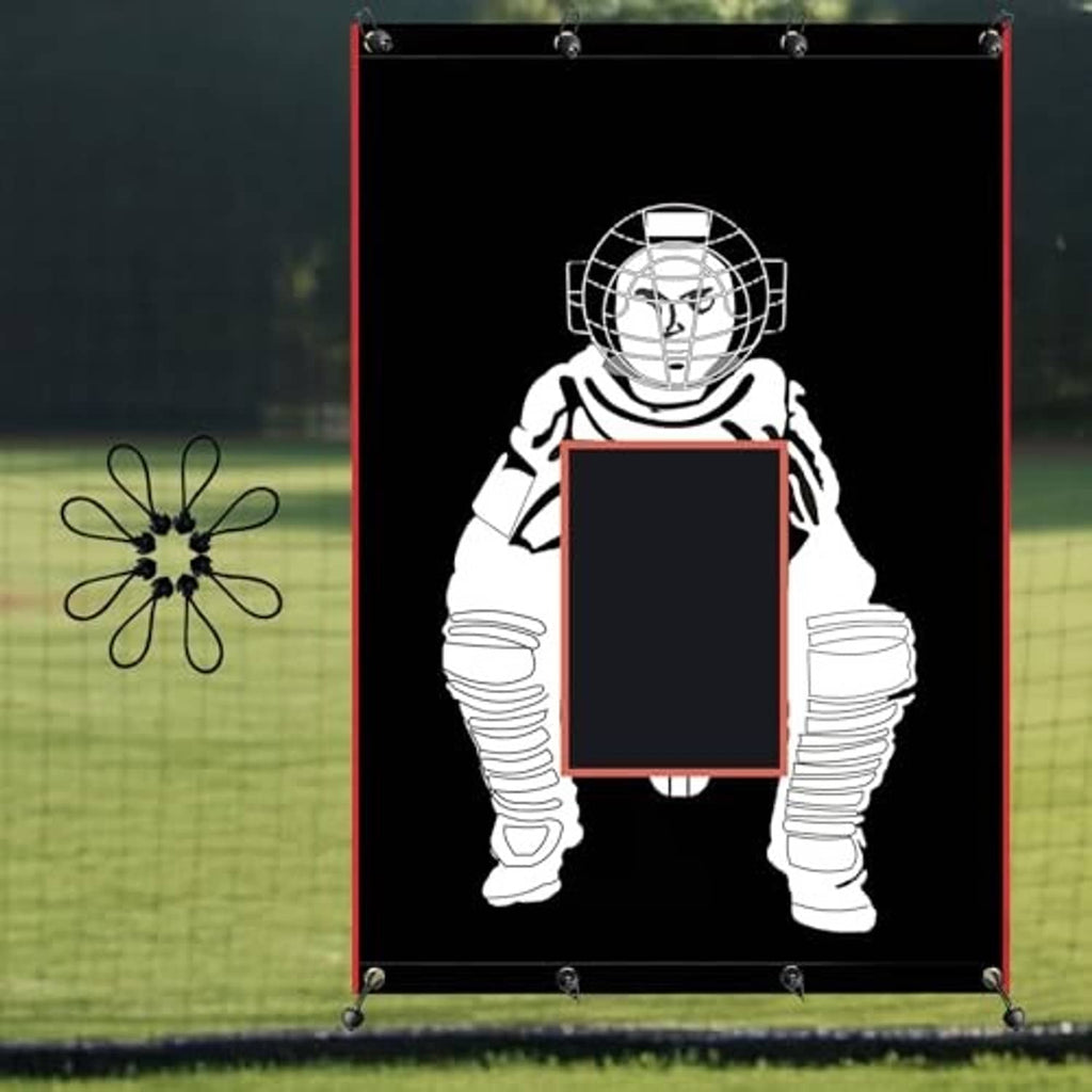 Front view black strike zone backstop panel with red border and catcher target graphic