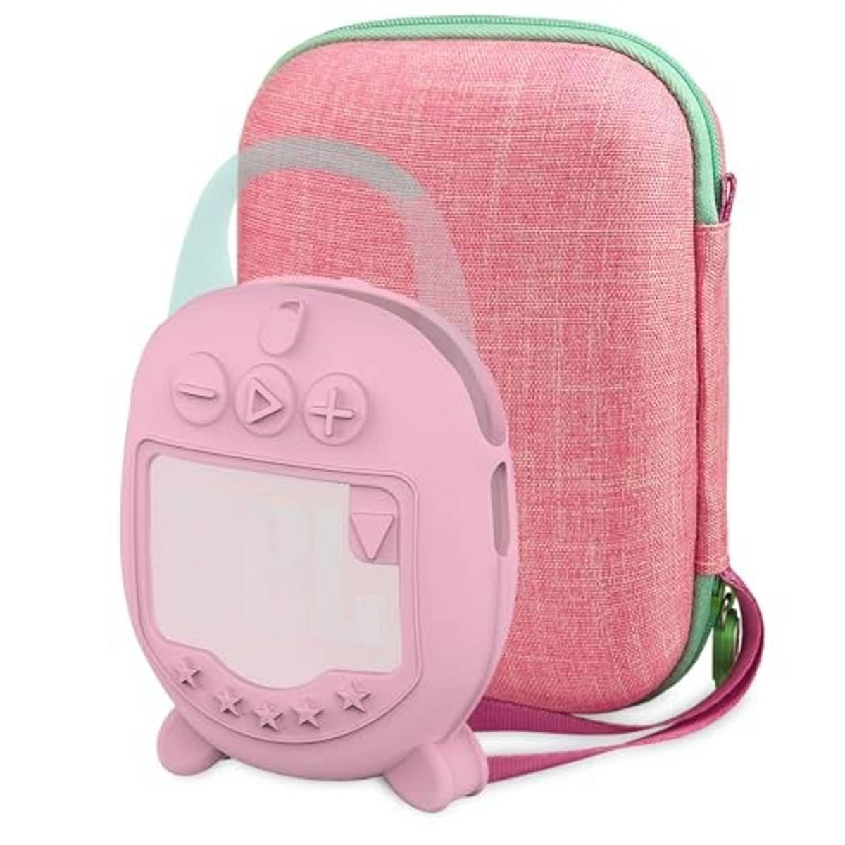 Pink hard carrying case with zipper and molded silicone speaker cover, front view