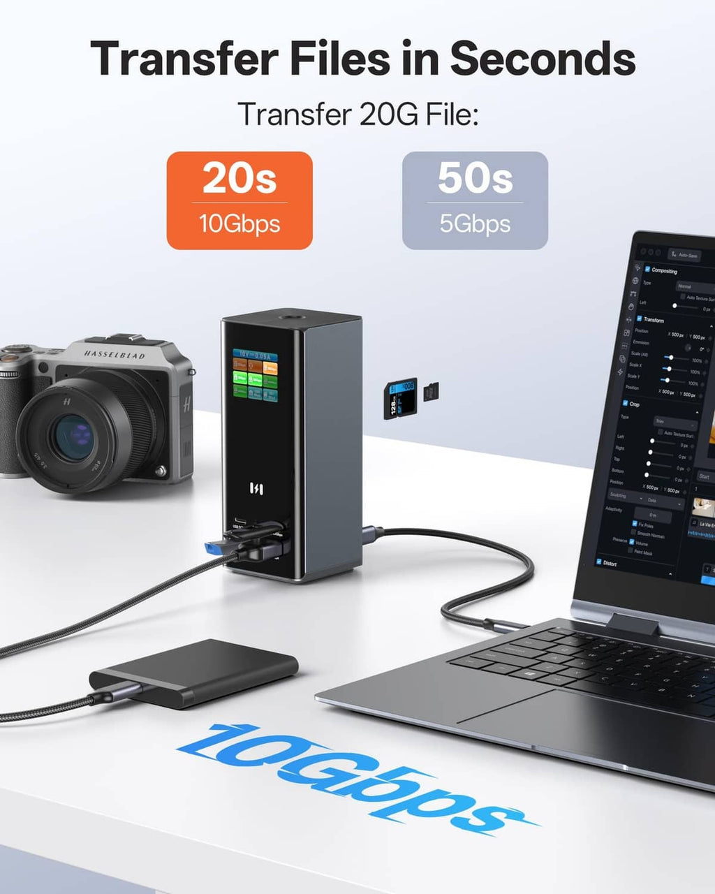 Space gray laptop docking station with cables connected near a laptop and a camera