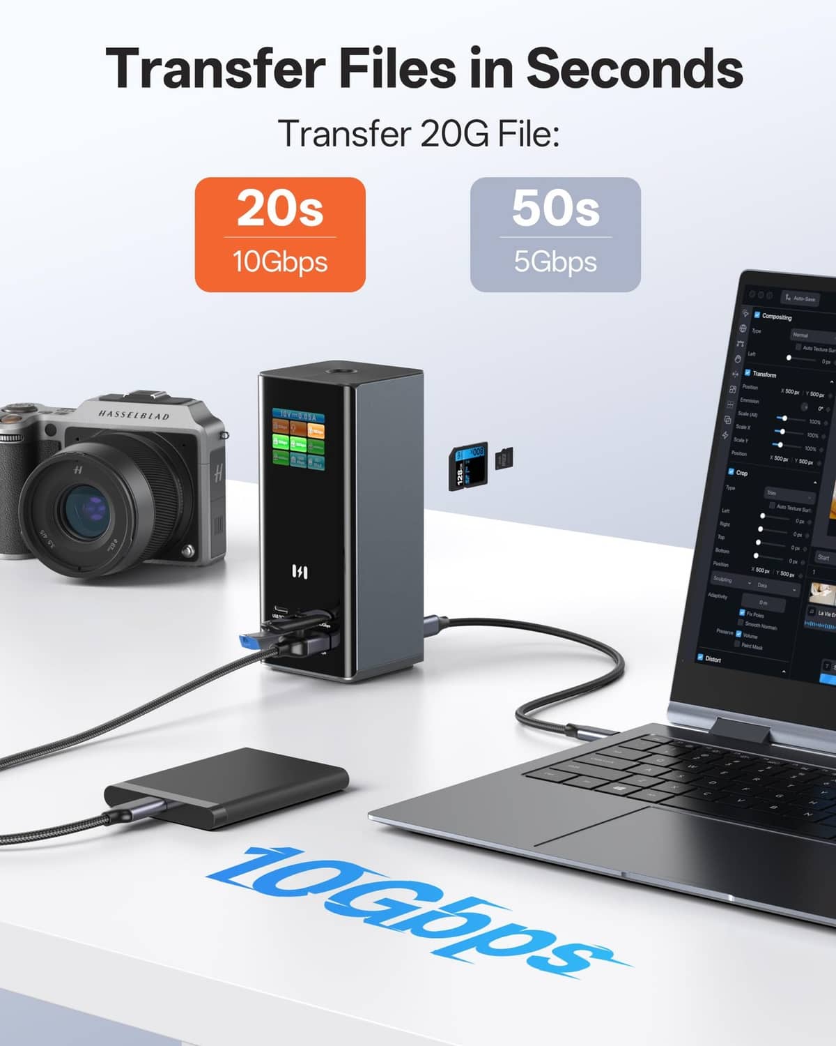 Space gray laptop docking station with cables connected near a laptop and a camera