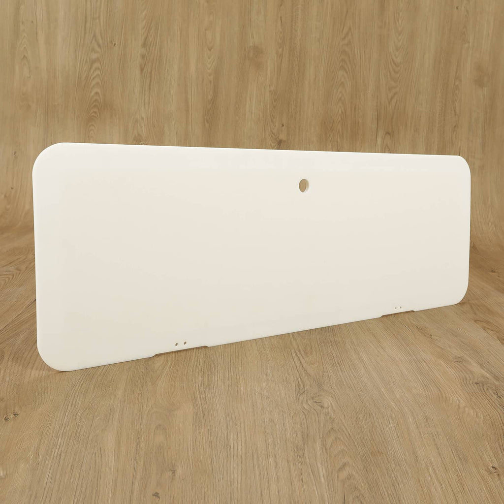 Boat locker door cover lid, white panel with two side screw holes and a central hole