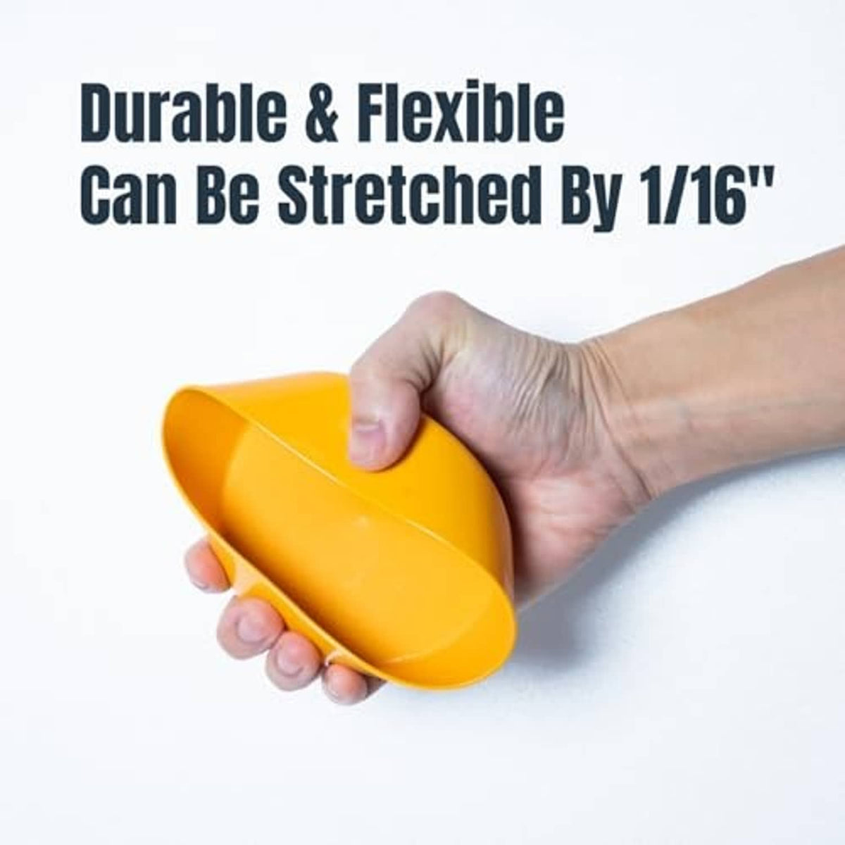 Flexible yellow plastic dust collection end cap, 4-inch, held in hand