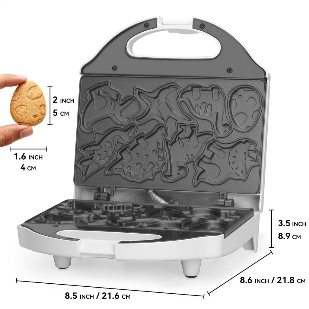 White dinosaur mini waffle maker with embossed cooking plate and open lid