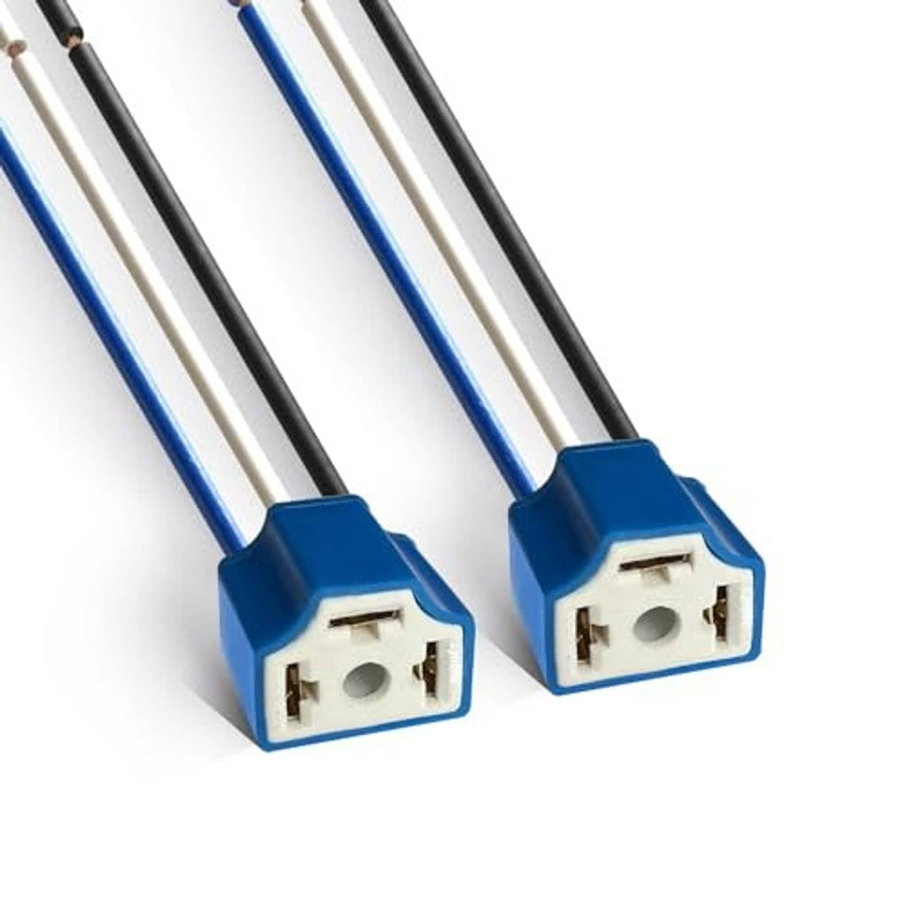 Pair of H4 headlight pigtail connectors with blue housings and female terminals