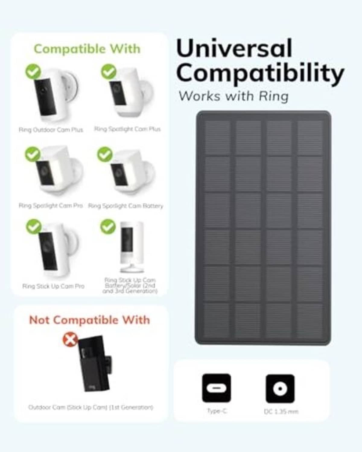 Universal solar panel battery with DC 1.35mm and USB-C ports, dark rectangular panel
