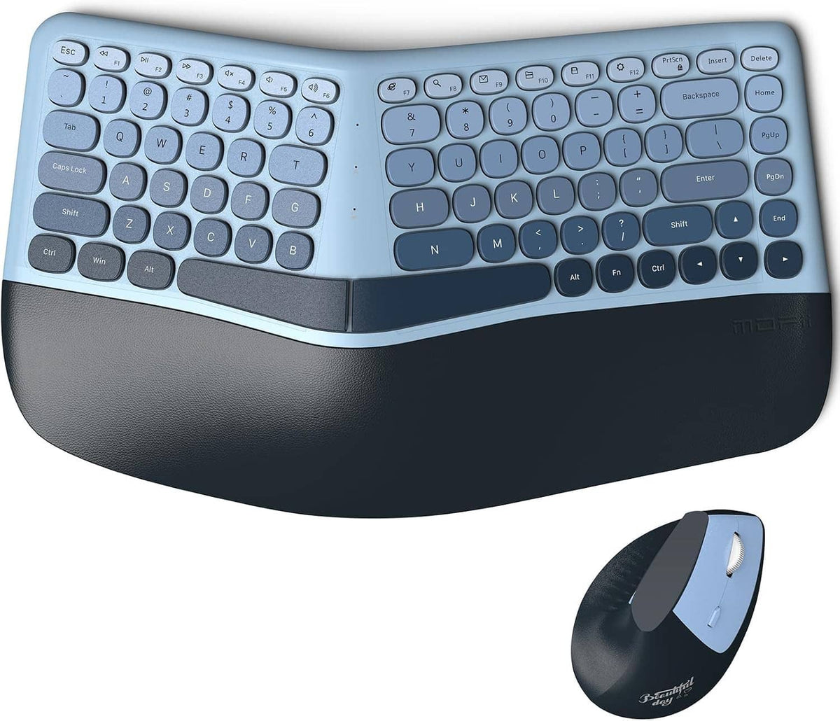 Blue split ergonomic keyboard with dark wrist rest and wireless vertical mouse