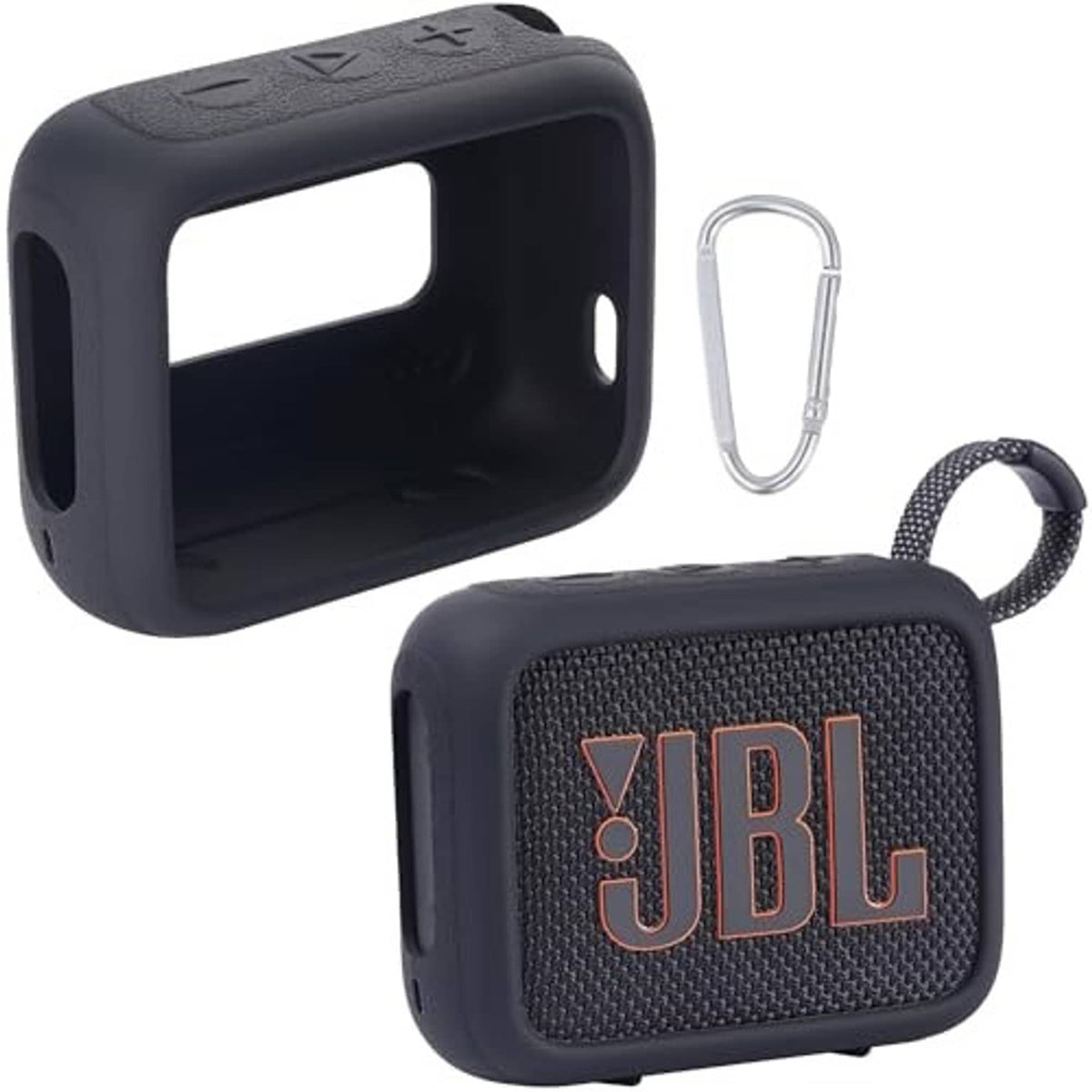 Black silicone speaker case with JBL logo patch, strap loop, and clip