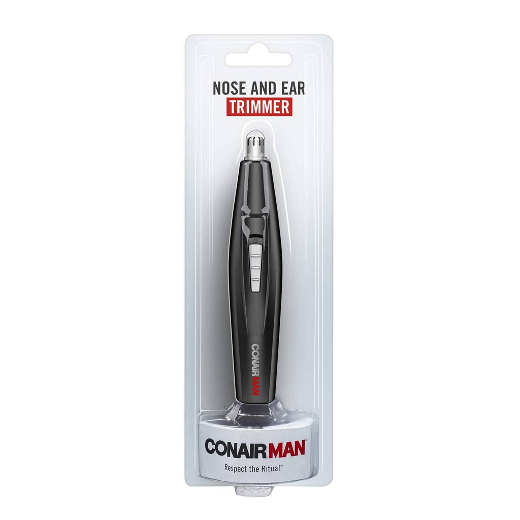 Nose and ear trimmer retail box with Conairman branding and black device