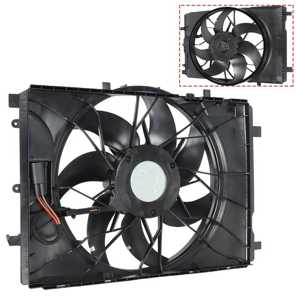 Radiator cooling fan with black plastic shroud and four-blade electric fan.