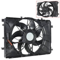 Radiator cooling fan with black plastic shroud and four-blade electric fan.