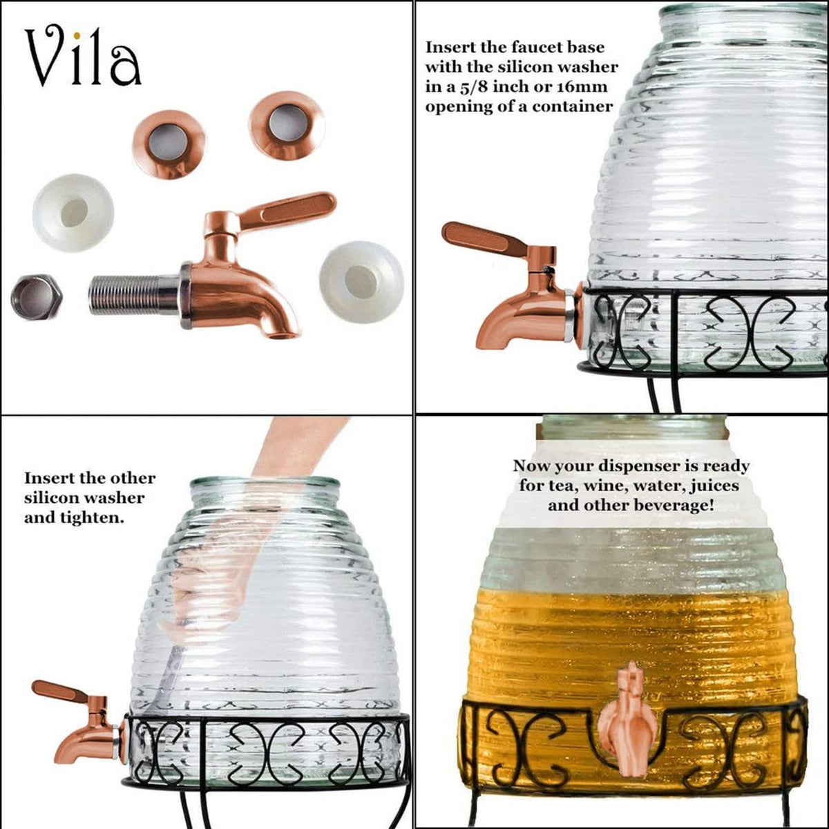 Bev dispenser faucet spigot with washers and copper-and-chrome handle parts